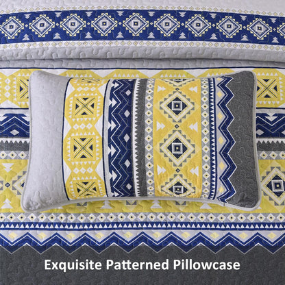 3 Pieces Quilt Set King Size, Grey Yellow Quilt Bedspread Lightweight Bohemian Coverlet Set with 2 Pillowcase, Soft Geometry Printed Bedding Set King for All Season 104"×90"