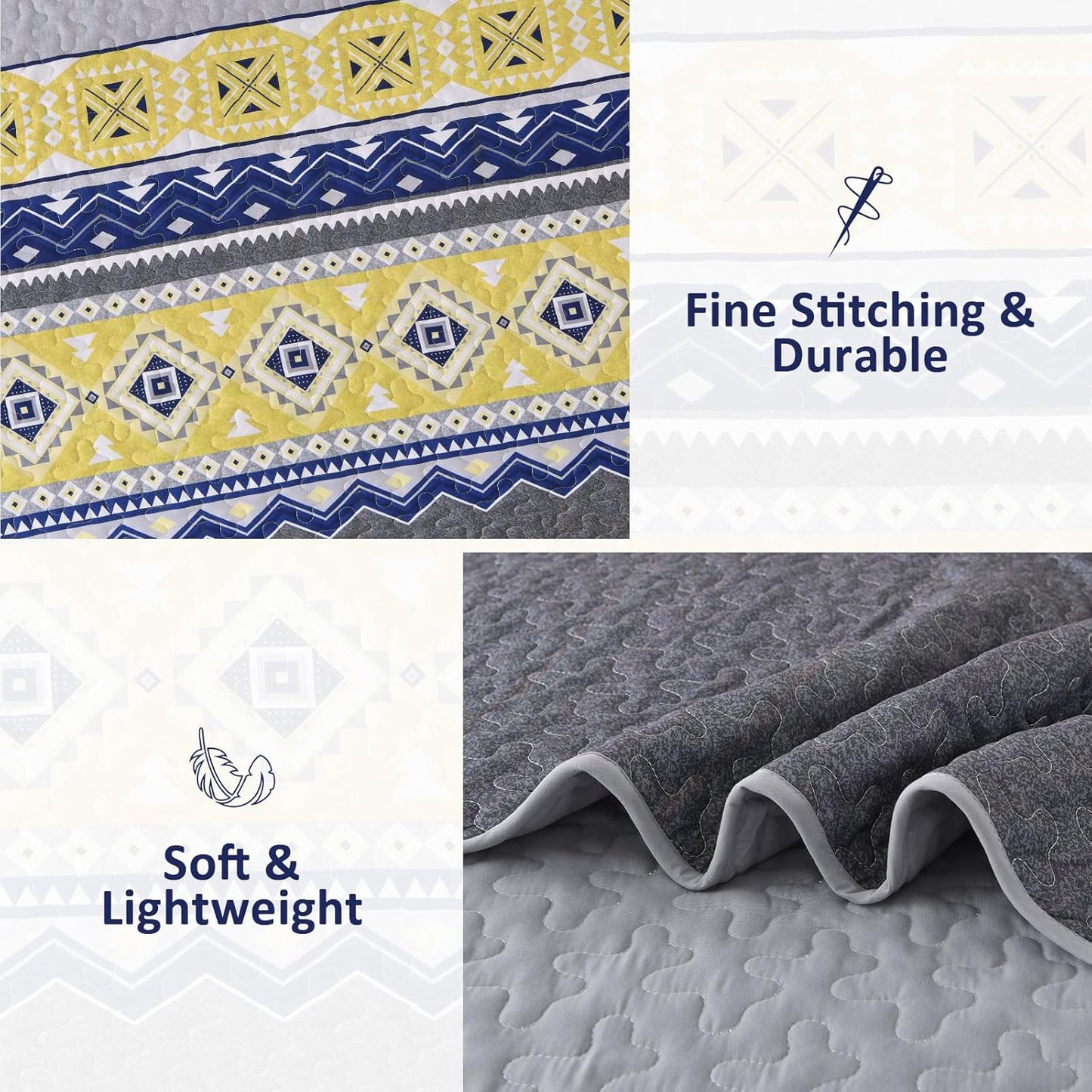 3 Pieces Quilt Set King Size, Grey Yellow Quilt Bedspread Lightweight Bohemian Coverlet Set with 2 Pillowcase, Soft Geometry Printed Bedding Set King for All Season 104"×90"
