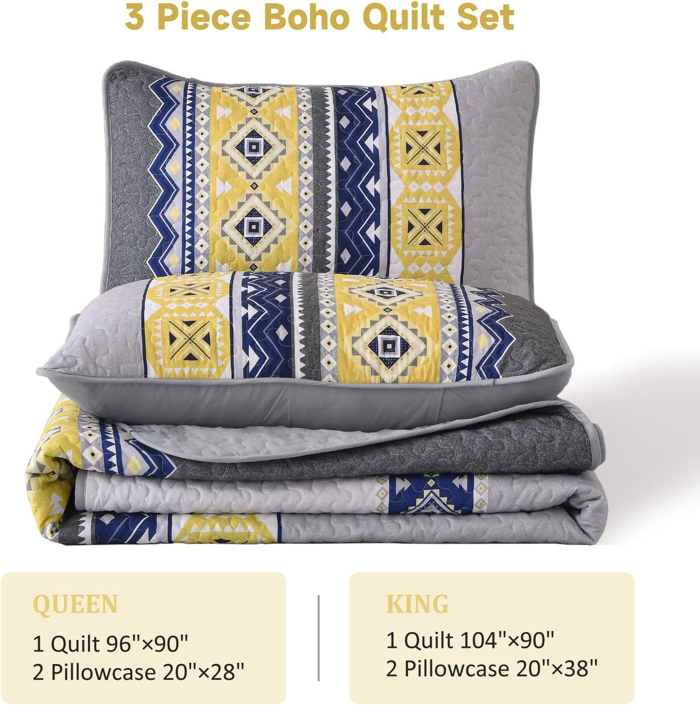 3 Pieces Quilt Set King Size, Grey Yellow Quilt Bedspread Lightweight Bohemian Coverlet Set with 2 Pillowcase, Soft Geometry Printed Bedding Set King for All Season 104"×90"