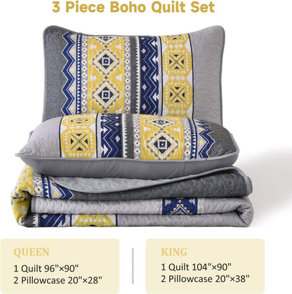 3 Pieces Quilt Set King Size, Grey Yellow Quilt Bedspread Lightweight Bohemian Coverlet Set with 2 Pillowcase, Soft Geometry Printed Bedding Set King for All Season 104"×90"