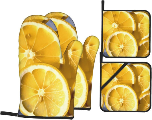Oven Mitts and Hot Pads Set of 4, Lemon Slices Heat Resistant Oven Gloves Mitts and Hot Pads for Baking Cooking and Kitchen Decor