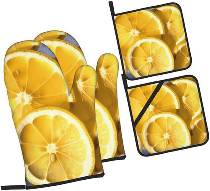 Oven Mitts and Hot Pads Set of 4, Lemon Slices Heat Resistant Oven Gloves Mitts and Hot Pads for Baking Cooking and Kitchen Decor