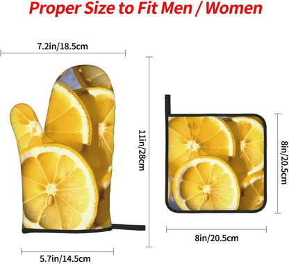 Oven Mitts and Hot Pads Set of 4, Lemon Slices Heat Resistant Oven Gloves Mitts and Hot Pads for Baking Cooking and Kitchen Decor