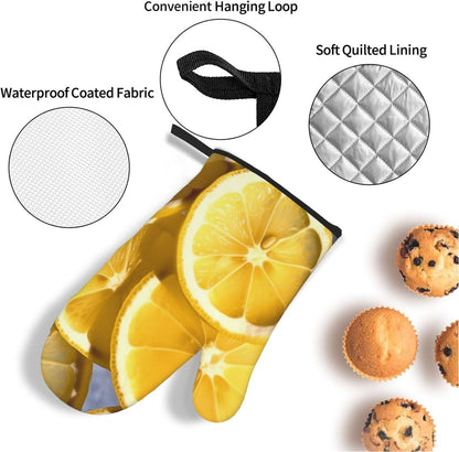 Oven Mitts and Hot Pads Set of 4, Lemon Slices Heat Resistant Oven Gloves Mitts and Hot Pads for Baking Cooking and Kitchen Decor