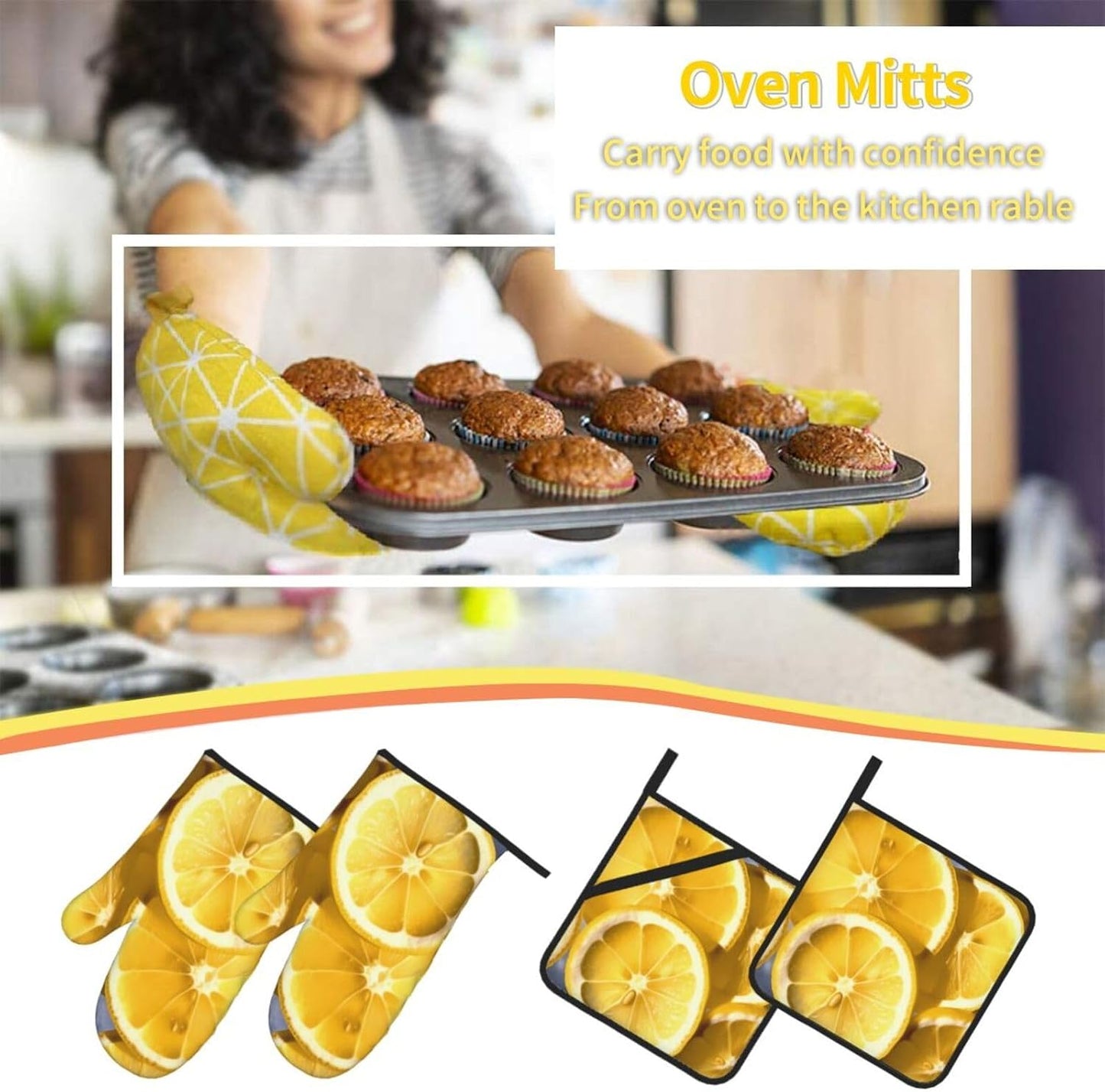Oven Mitts and Hot Pads Set of 4, Lemon Slices Heat Resistant Oven Gloves Mitts and Hot Pads for Baking Cooking and Kitchen Decor