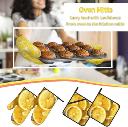 Oven Mitts and Hot Pads Set of 4, Lemon Slices Heat Resistant Oven Gloves Mitts and Hot Pads for Baking Cooking and Kitchen Decor
