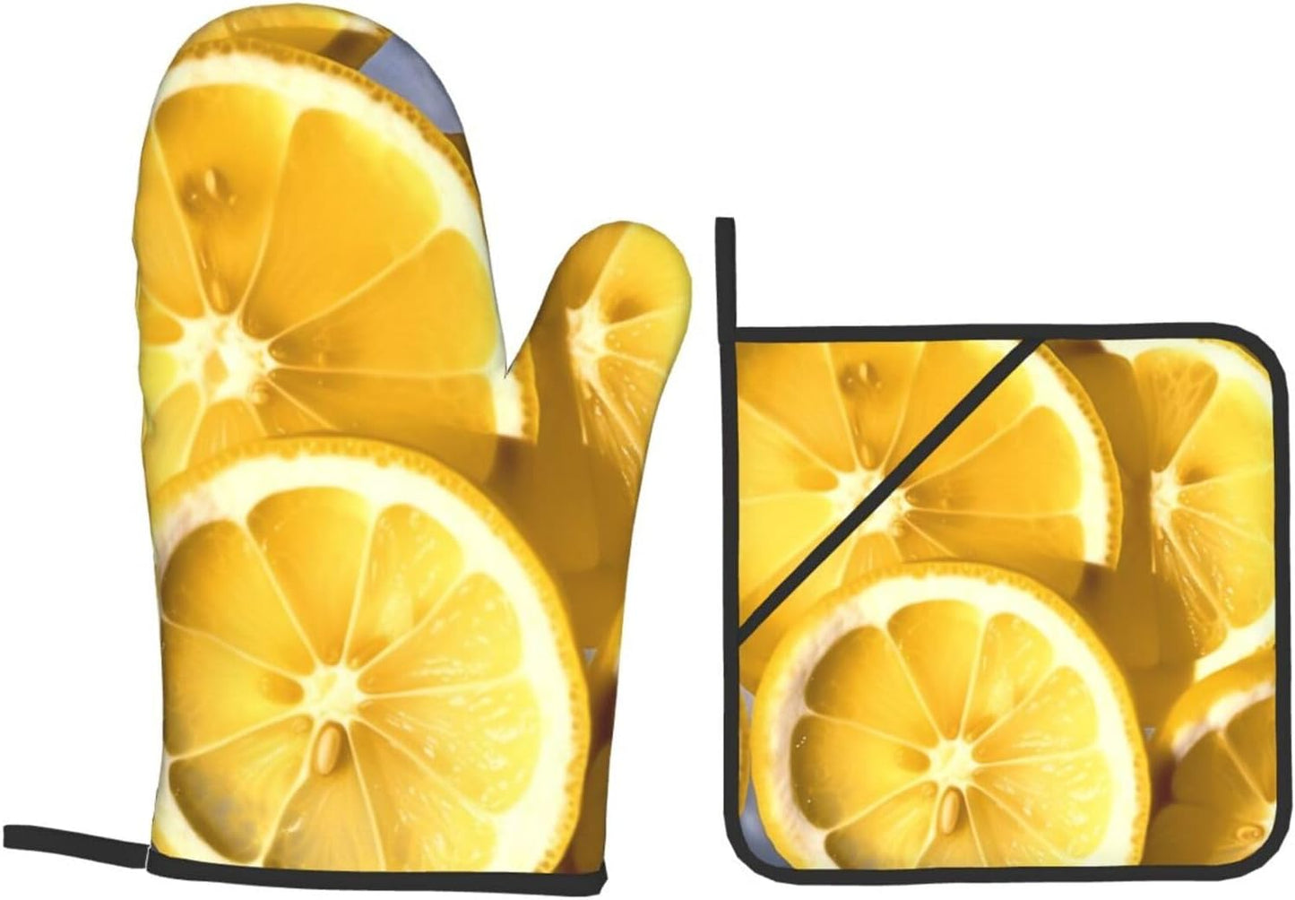 Oven Mitts and Hot Pads Set of 4, Lemon Slices Heat Resistant Oven Gloves Mitts and Hot Pads for Baking Cooking and Kitchen Decor