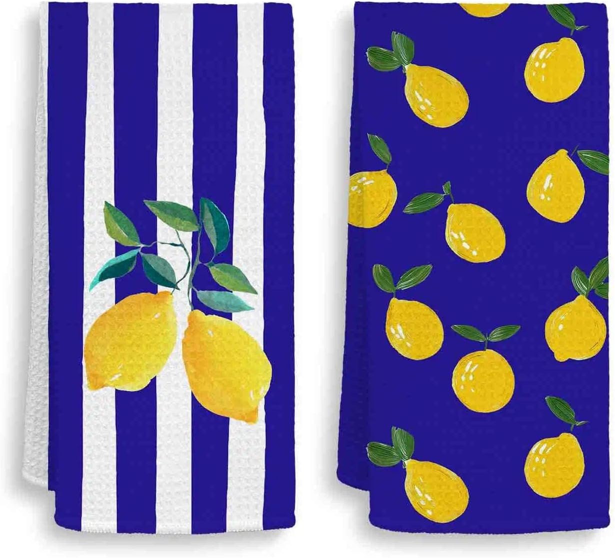 Blue Lemon Kitchen Towels, Summer Fruit Decorative Kitchen Dish Towels, Lemon Gifts for Women, Blue Striped Summer Hand Towel for Bathroom Decor,16x24 Inches Set of 2