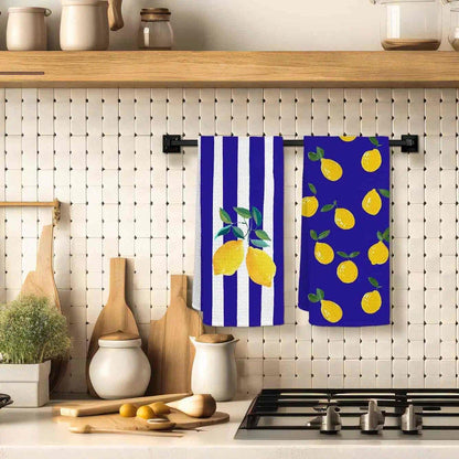 Blue Lemon Kitchen Towels, Summer Fruit Decorative Kitchen Dish Towels, Lemon Gifts for Women, Blue Striped Summer Hand Towel for Bathroom Decor,16x24 Inches Set of 2