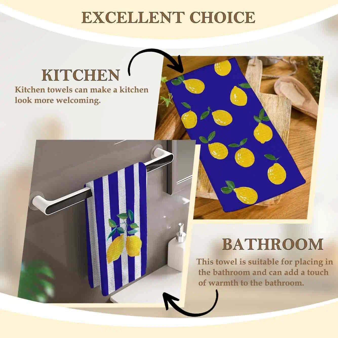 Blue Lemon Kitchen Towels, Summer Fruit Decorative Kitchen Dish Towels, Lemon Gifts for Women, Blue Striped Summer Hand Towel for Bathroom Decor,16x24 Inches Set of 2