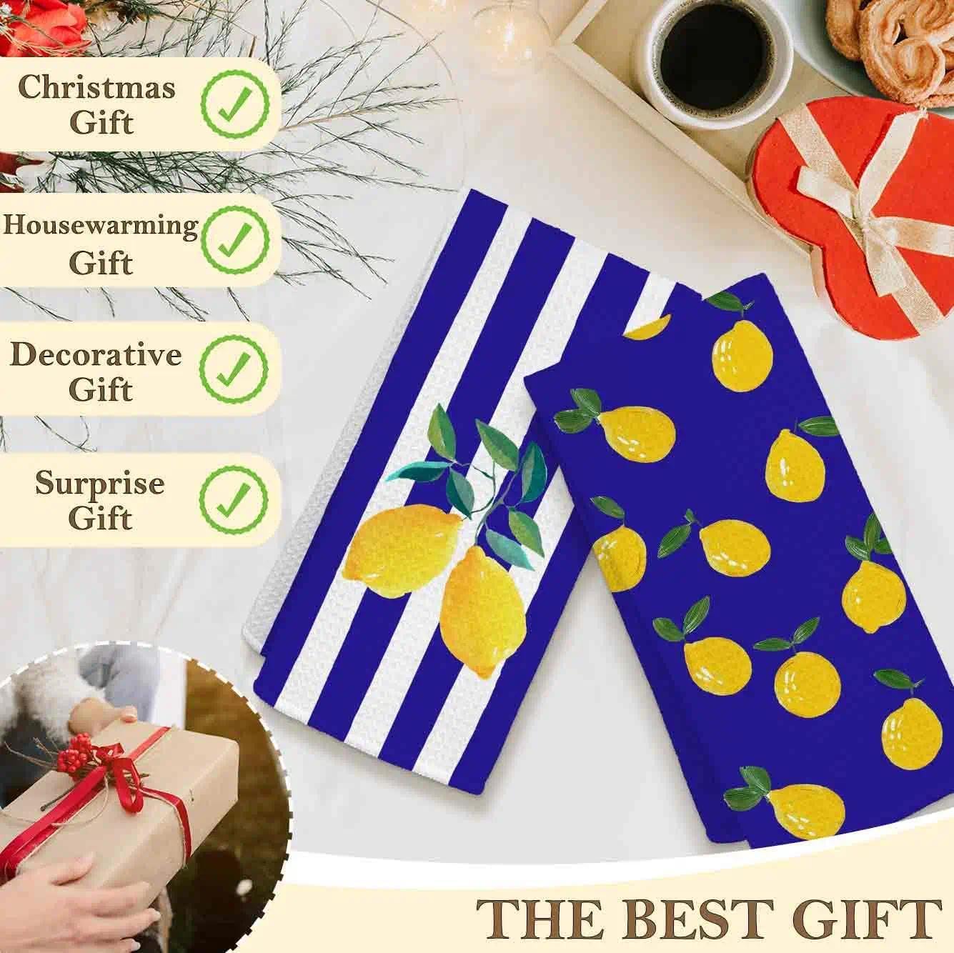 Blue Lemon Kitchen Towels, Summer Fruit Decorative Kitchen Dish Towels, Lemon Gifts for Women, Blue Striped Summer Hand Towel for Bathroom Decor,16x24 Inches Set of 2