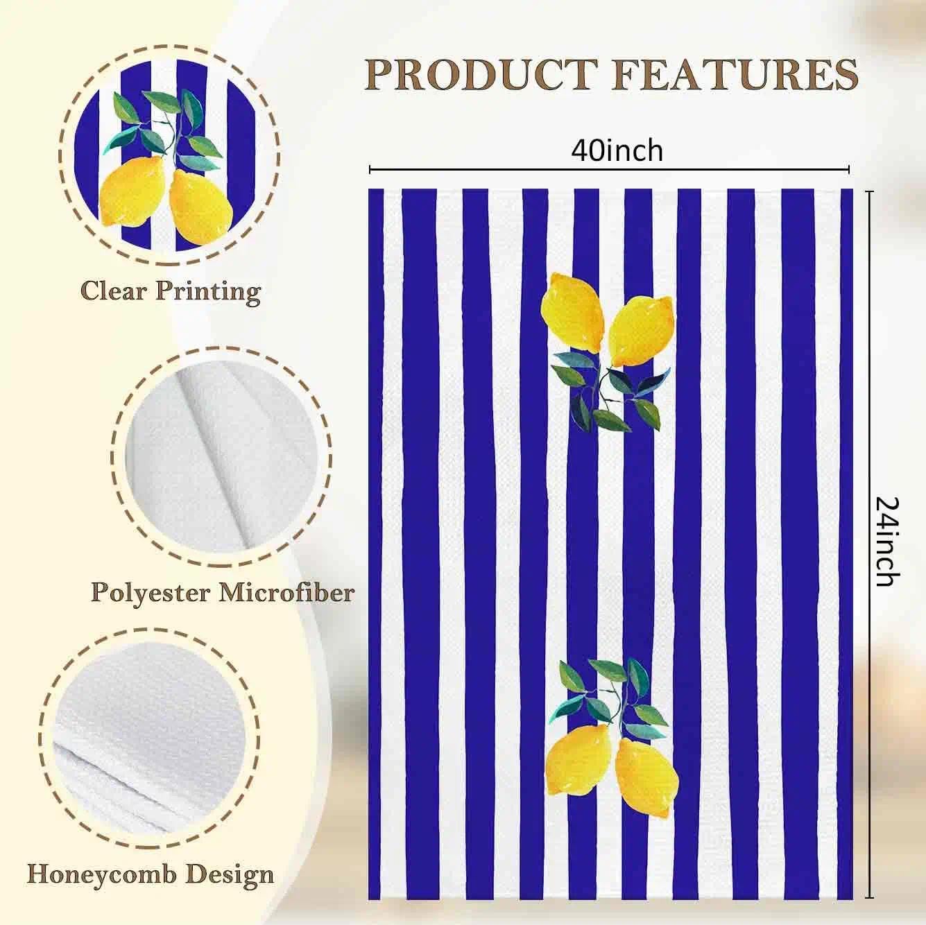 Blue Lemon Kitchen Towels, Summer Fruit Decorative Kitchen Dish Towels, Lemon Gifts for Women, Blue Striped Summer Hand Towel for Bathroom Decor,16x24 Inches Set of 2