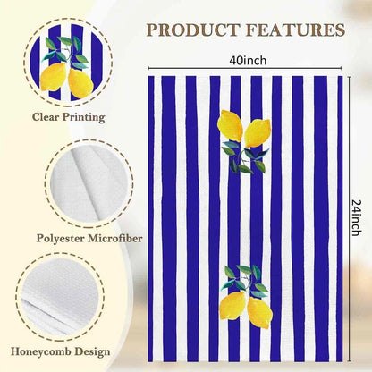 Blue Lemon Kitchen Towels, Summer Fruit Decorative Kitchen Dish Towels, Lemon Gifts for Women, Blue Striped Summer Hand Towel for Bathroom Decor,16x24 Inches Set of 2