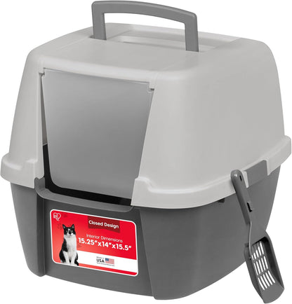 Large Front Door Cat Litter Box, Walk-in Entry, Gray | Easy Access Needs, Private Enclosure Design, Covered Walk-Through, Contained Environment, Privacy Hood