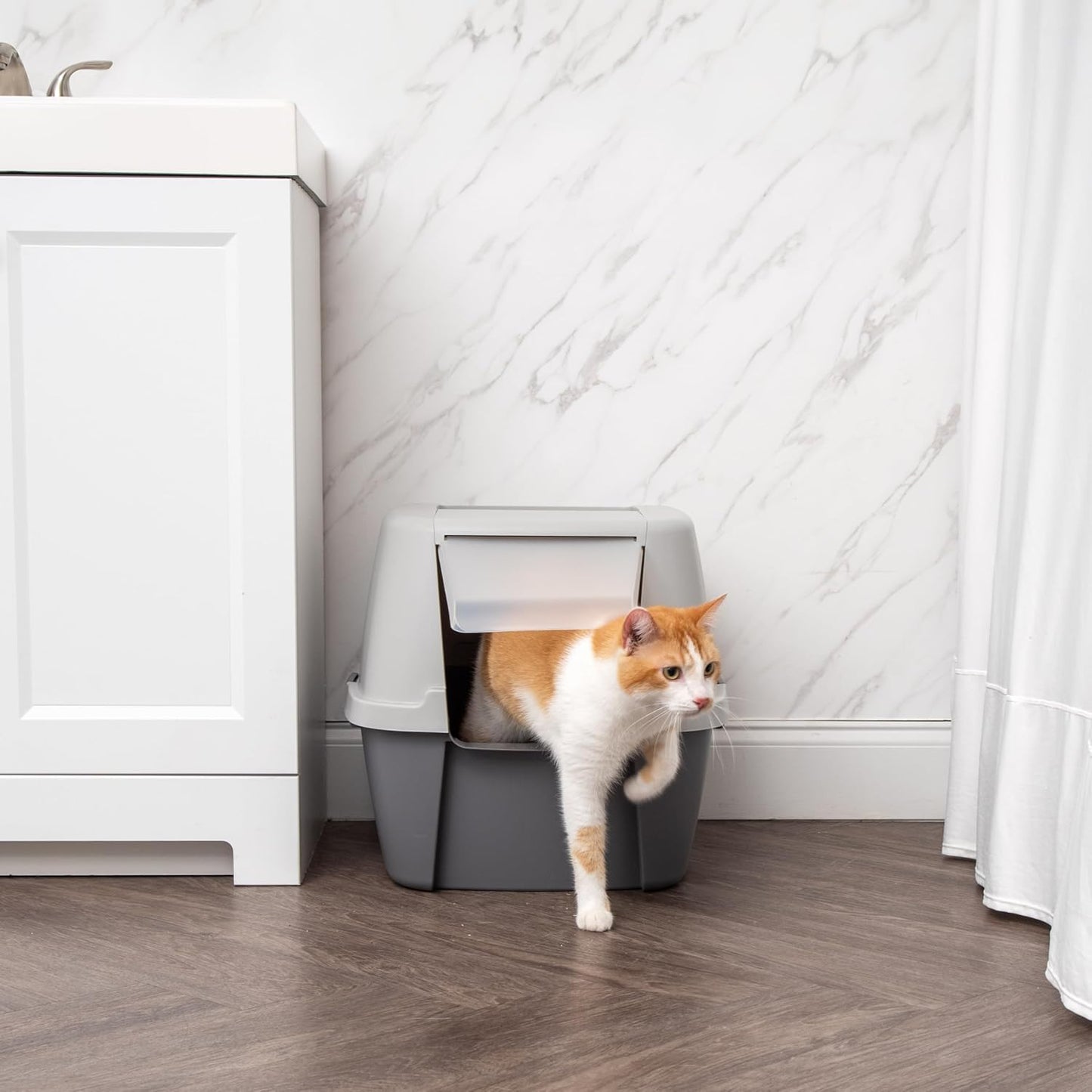 Large Front Door Cat Litter Box, Walk-in Entry, Gray | Easy Access Needs, Private Enclosure Design, Covered Walk-Through, Contained Environment, Privacy Hood