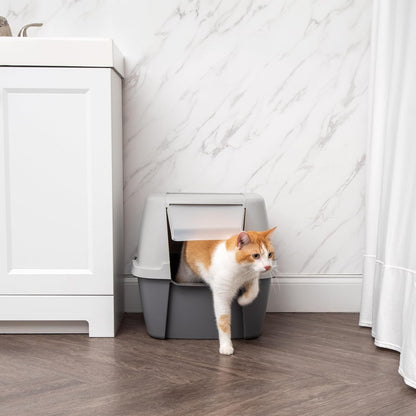 Large Front Door Cat Litter Box, Walk-in Entry, Gray | Easy Access Needs, Private Enclosure Design, Covered Walk-Through, Contained Environment, Privacy Hood