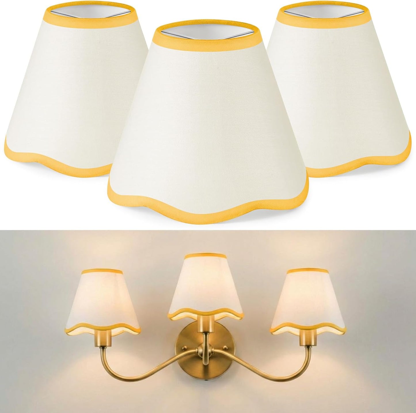 Set of 3 2.9" Top x 5.9" Bottom x 5.1" Height Lamp Shade with Petal Edge Chandelier Shades Fabric Scalloped Lampshade for Floor Wall Lamps Table Living Room Bedroom (Yellow Edge)