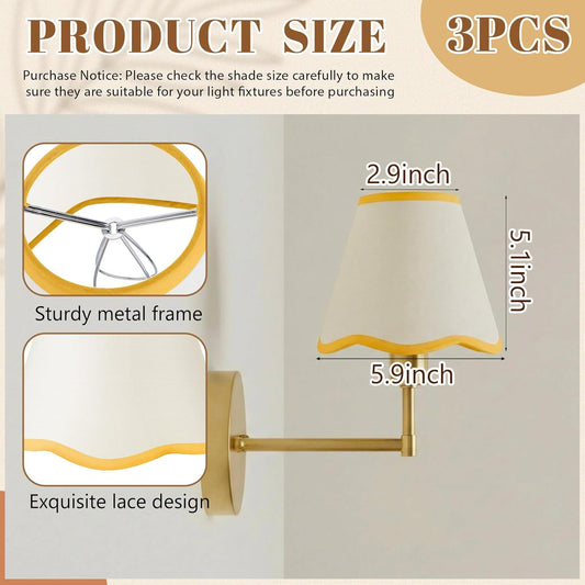 Set of 3 2.9" Top x 5.9" Bottom x 5.1" Height Lamp Shade with Petal Edge Chandelier Shades Fabric Scalloped Lampshade for Floor Wall Lamps Table Living Room Bedroom (Yellow Edge)