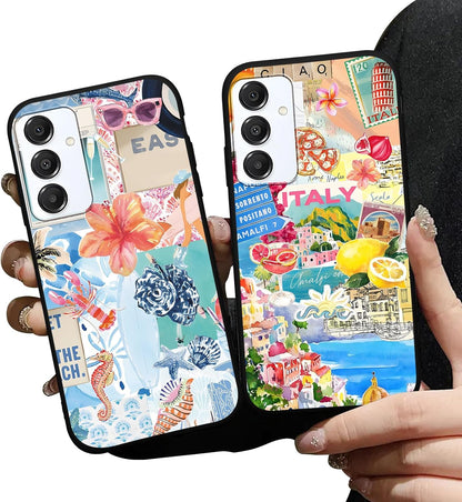 2 Pack Cute Beach Collage Phone Cases for Samsung Galaxy A16 5G 6.7" | Trendy Summer Vacation Hibiscus Lemon Boat Print Design Protective Funda for Women Girls Men Shockproof Soft Silicone Cover