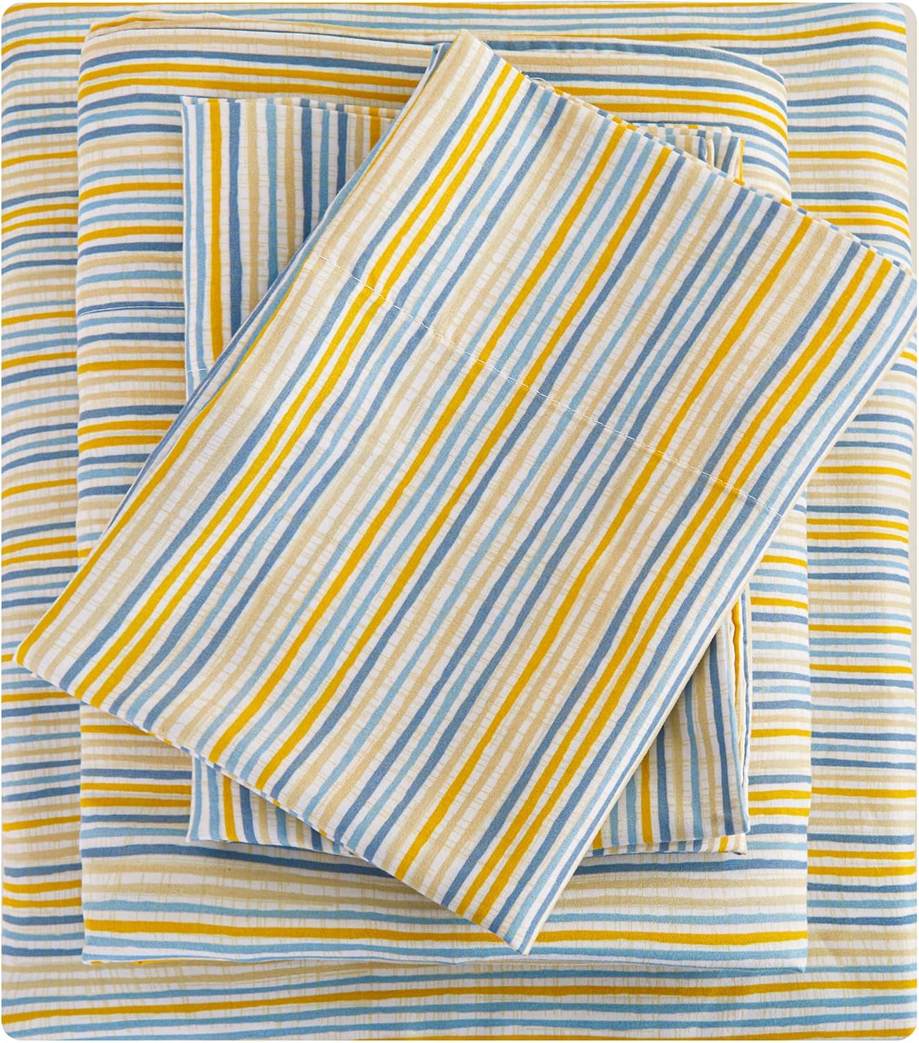 Striped King Bed Sheets, Deep Pocket 4 Piece King Sheet Set, Soft Microfiber Blue Yellow Pinstripe Bedding Sheets & Pillowcases