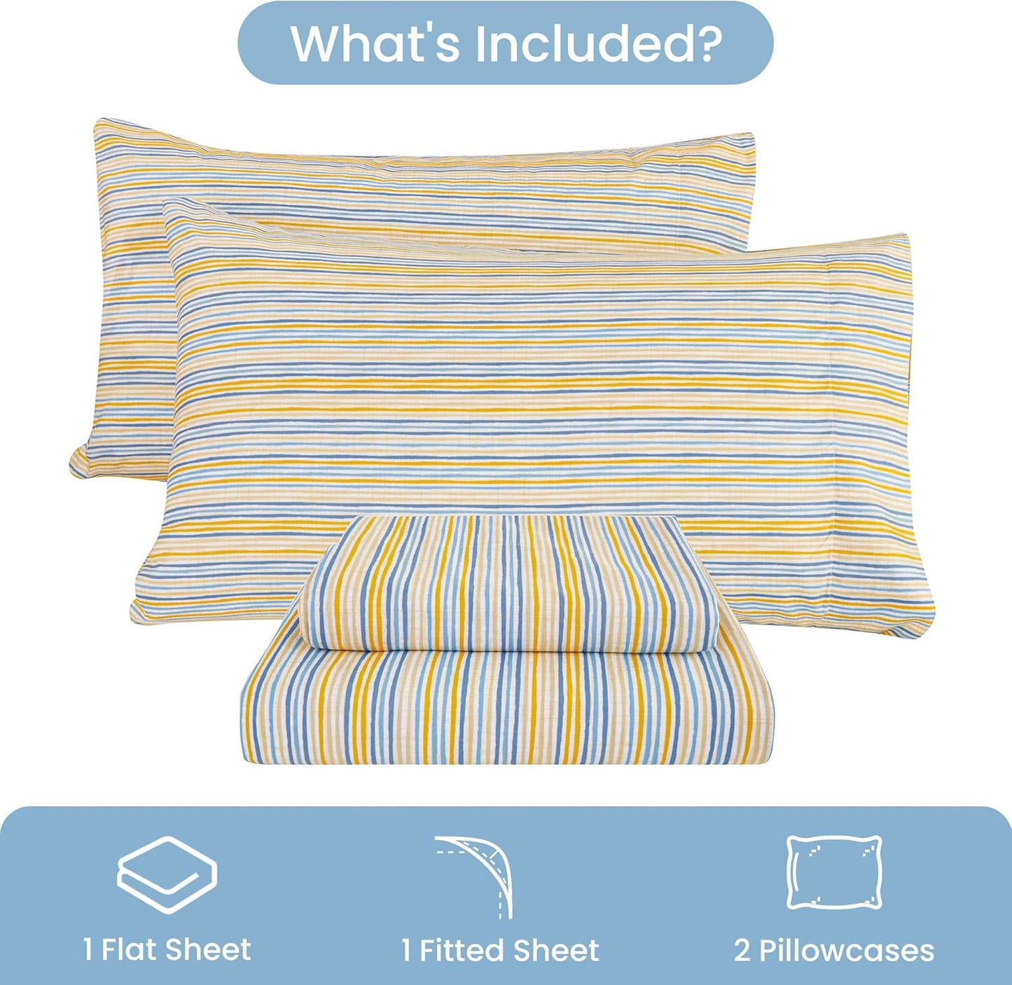 Striped King Bed Sheets, Deep Pocket 4 Piece King Sheet Set, Soft Microfiber Blue Yellow Pinstripe Bedding Sheets & Pillowcases