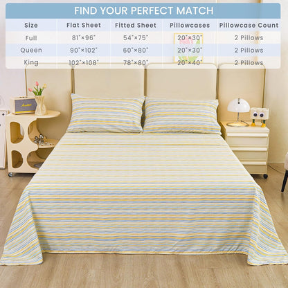Striped King Bed Sheets, Deep Pocket 4 Piece King Sheet Set, Soft Microfiber Blue Yellow Pinstripe Bedding Sheets & Pillowcases