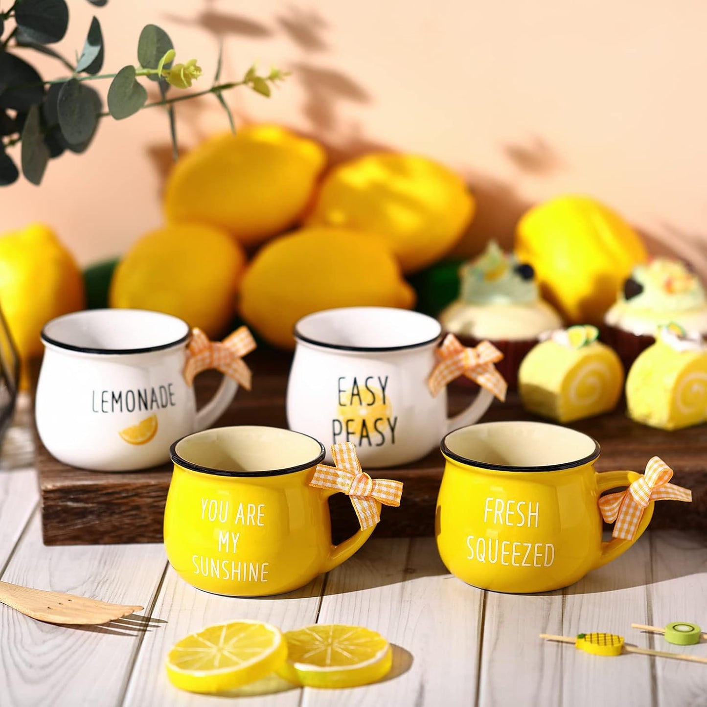4 Pcs Lemon Cups Mini Coffee Mug 5 oz Espresso Cups Set with Handle Lemon Tiered Tray Decor for Coffee Bar Decoration Holiday Party Gift