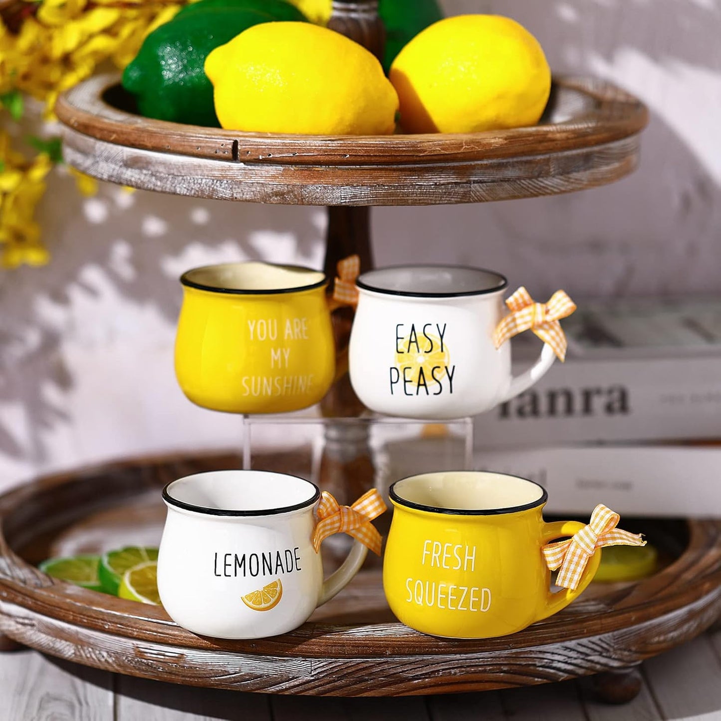 4 Pcs Lemon Cups Mini Coffee Mug 5 oz Espresso Cups Set with Handle Lemon Tiered Tray Decor for Coffee Bar Decoration Holiday Party Gift