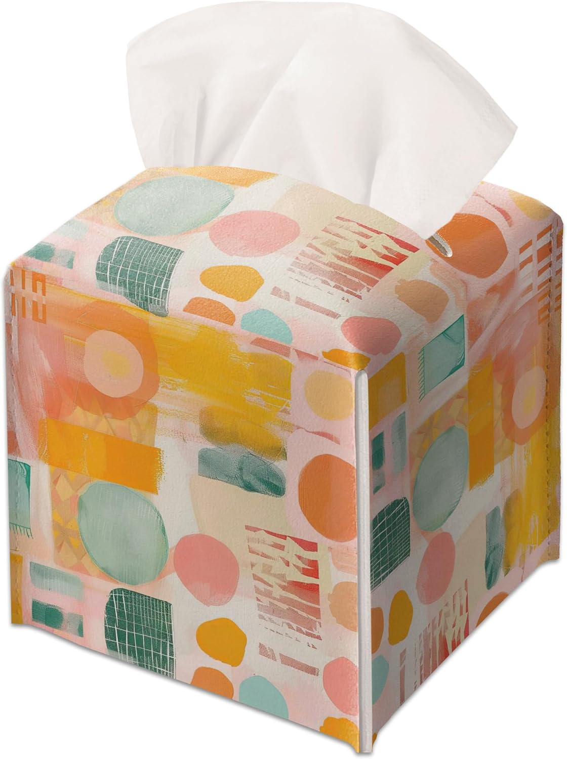 Modern Square Leather Tissue Box Cover/Case Holder Gifts for Women Family and Friends, Decorative Holder/Organizer for Bathroom Kitchen Nightstand Office Home (Pink Yellow Abstract) - B17
