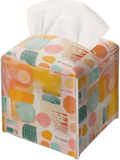 Modern Square Leather Tissue Box Cover/Case Holder Gifts for Women Family and Friends, Decorative Holder/Organizer for Bathroom Kitchen Nightstand Office Home (Pink Yellow Abstract) - B17