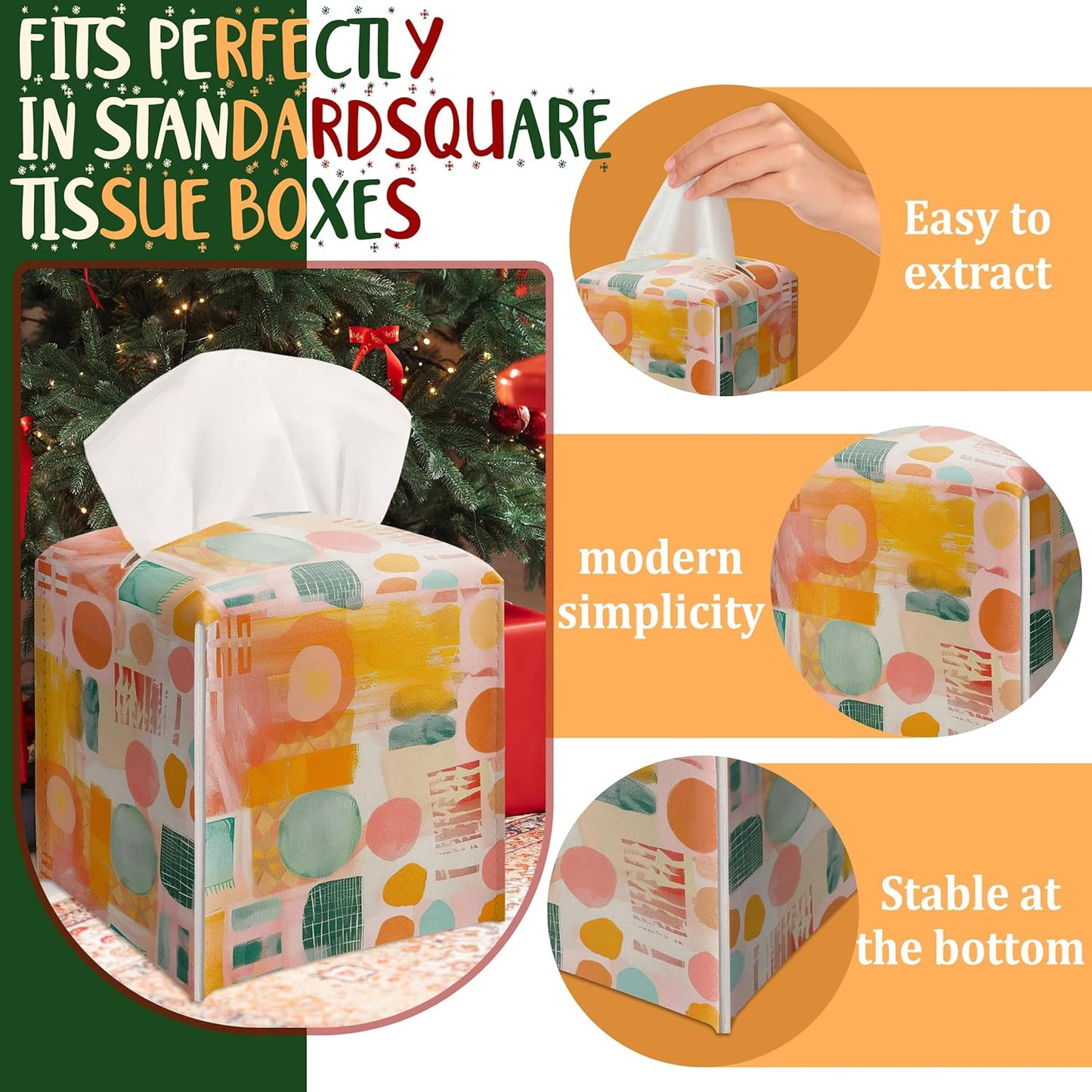 Modern Square Leather Tissue Box Cover/Case Holder Gifts for Women Family and Friends, Decorative Holder/Organizer for Bathroom Kitchen Nightstand Office Home (Pink Yellow Abstract) - B17