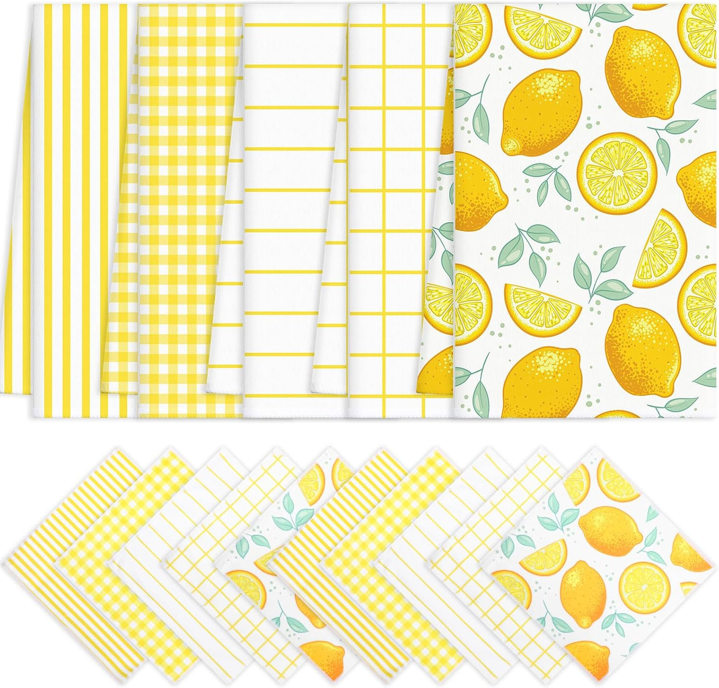 15 Pack Lemon Kitchen Towels Lemons Dish Towels 28 x 16 Inch & 12 x 12 Inch Absorbent Yellow Accessories for Kitchen Bathroom Summer Decor Gifts, 5 Style