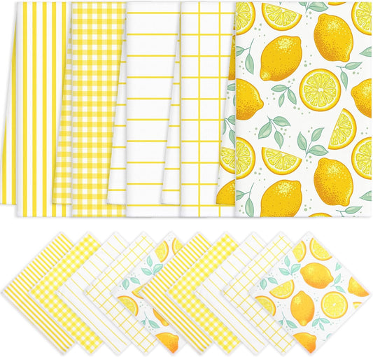 15 Pack Lemon Kitchen Towels Lemons Dish Towels 28 x 16 Inch & 12 x 12 Inch Absorbent Yellow Accessories for Kitchen Bathroom Summer Decor Gifts, 5 Style