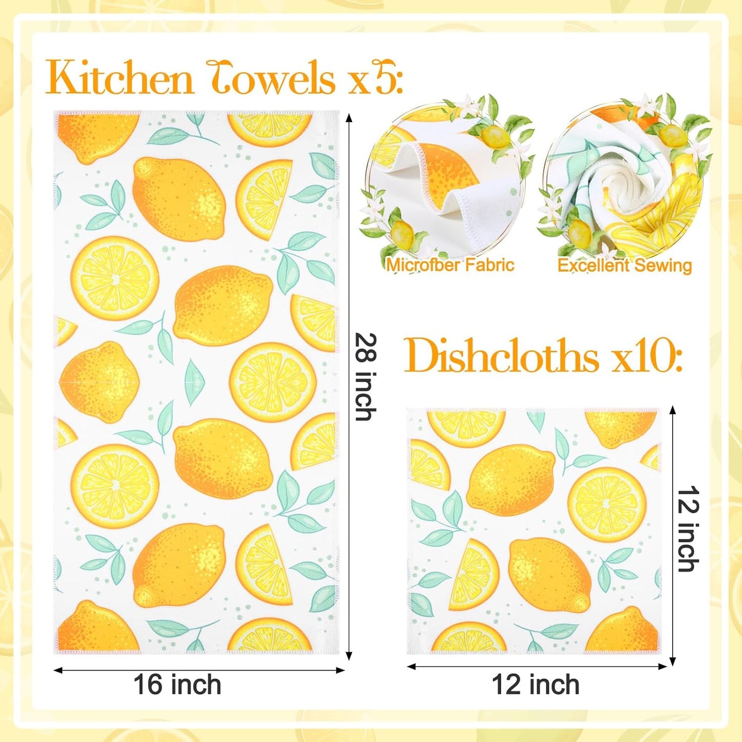 15 Pack Lemon Kitchen Towels Lemons Dish Towels 28 x 16 Inch & 12 x 12 Inch Absorbent Yellow Accessories for Kitchen Bathroom Summer Decor Gifts, 5 Style