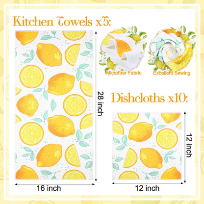 15 Pack Lemon Kitchen Towels Lemons Dish Towels 28 x 16 Inch & 12 x 12 Inch Absorbent Yellow Accessories for Kitchen Bathroom Summer Decor Gifts, 5 Style