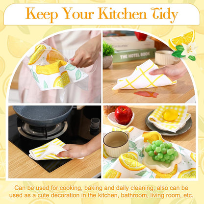 15 Pack Lemon Kitchen Towels Lemons Dish Towels 28 x 16 Inch & 12 x 12 Inch Absorbent Yellow Accessories for Kitchen Bathroom Summer Decor Gifts, 5 Style