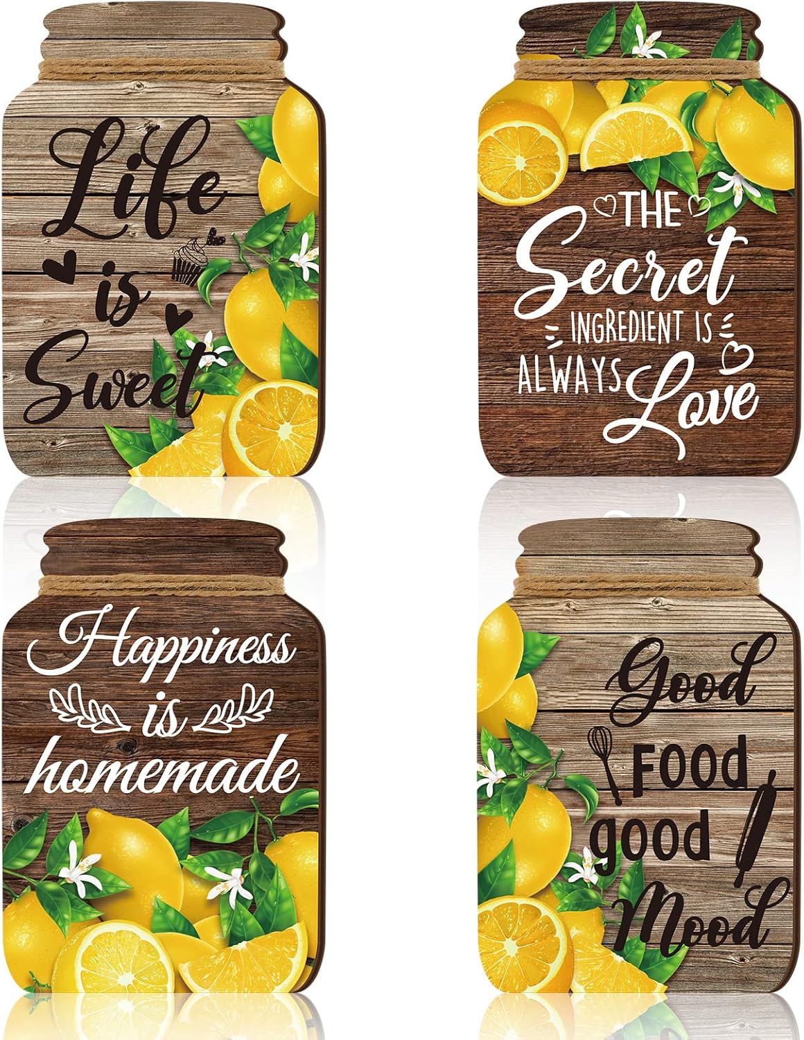 4 Pcs Lemon Kitchen Wall Decor Mason Jar Set Wooden Rustic Home Decor Inspirational Kitchen Hanging Farmhouse Wall Signs for Home decoration