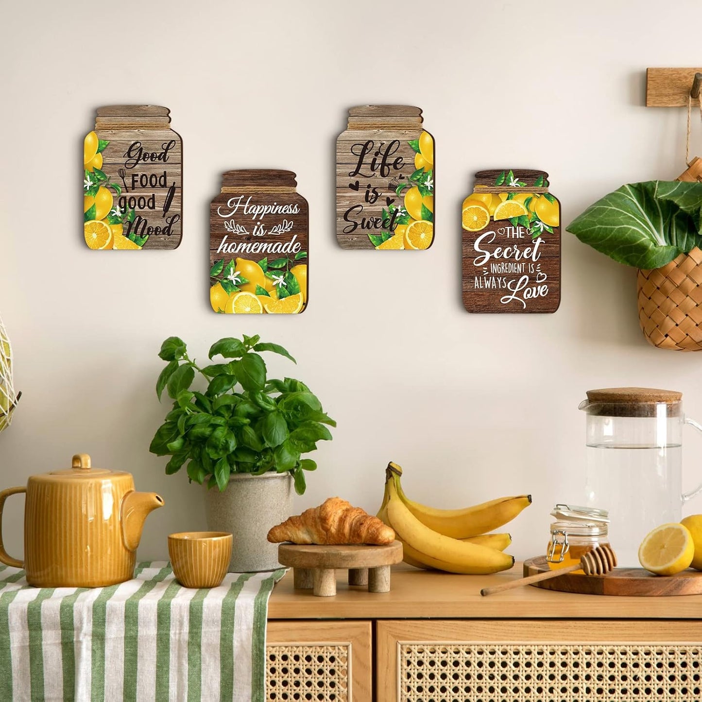 4 Pcs Lemon Kitchen Wall Decor Mason Jar Set Wooden Rustic Home Decor Inspirational Kitchen Hanging Farmhouse Wall Signs for Home decoration