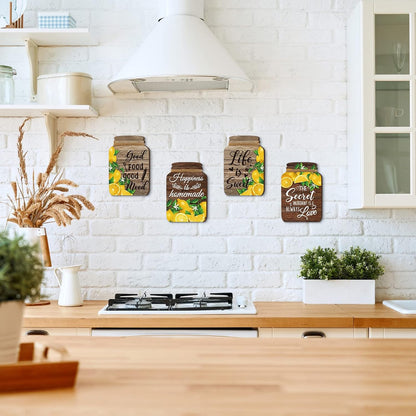 4 Pcs Lemon Kitchen Wall Decor Mason Jar Set Wooden Rustic Home Decor Inspirational Kitchen Hanging Farmhouse Wall Signs for Home decoration