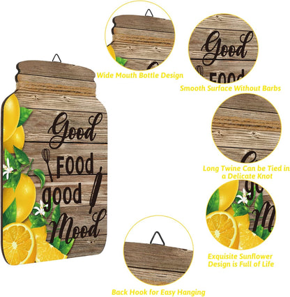 4 Pcs Lemon Kitchen Wall Decor Mason Jar Set Wooden Rustic Home Decor Inspirational Kitchen Hanging Farmhouse Wall Signs for Home decoration