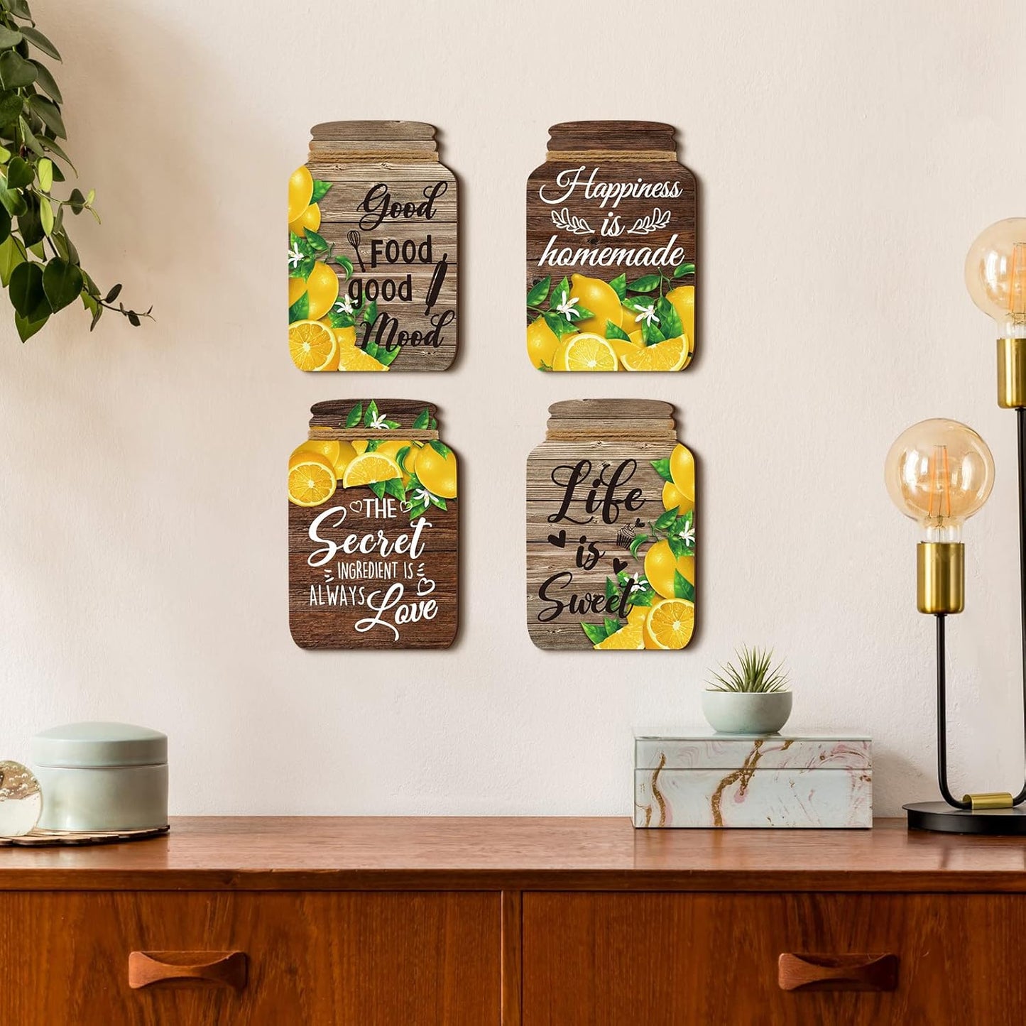 4 Pcs Lemon Kitchen Wall Decor Mason Jar Set Wooden Rustic Home Decor Inspirational Kitchen Hanging Farmhouse Wall Signs for Home decoration
