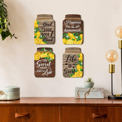 4 Pcs Lemon Kitchen Wall Decor Mason Jar Set Wooden Rustic Home Decor Inspirational Kitchen Hanging Farmhouse Wall Signs for Home decoration