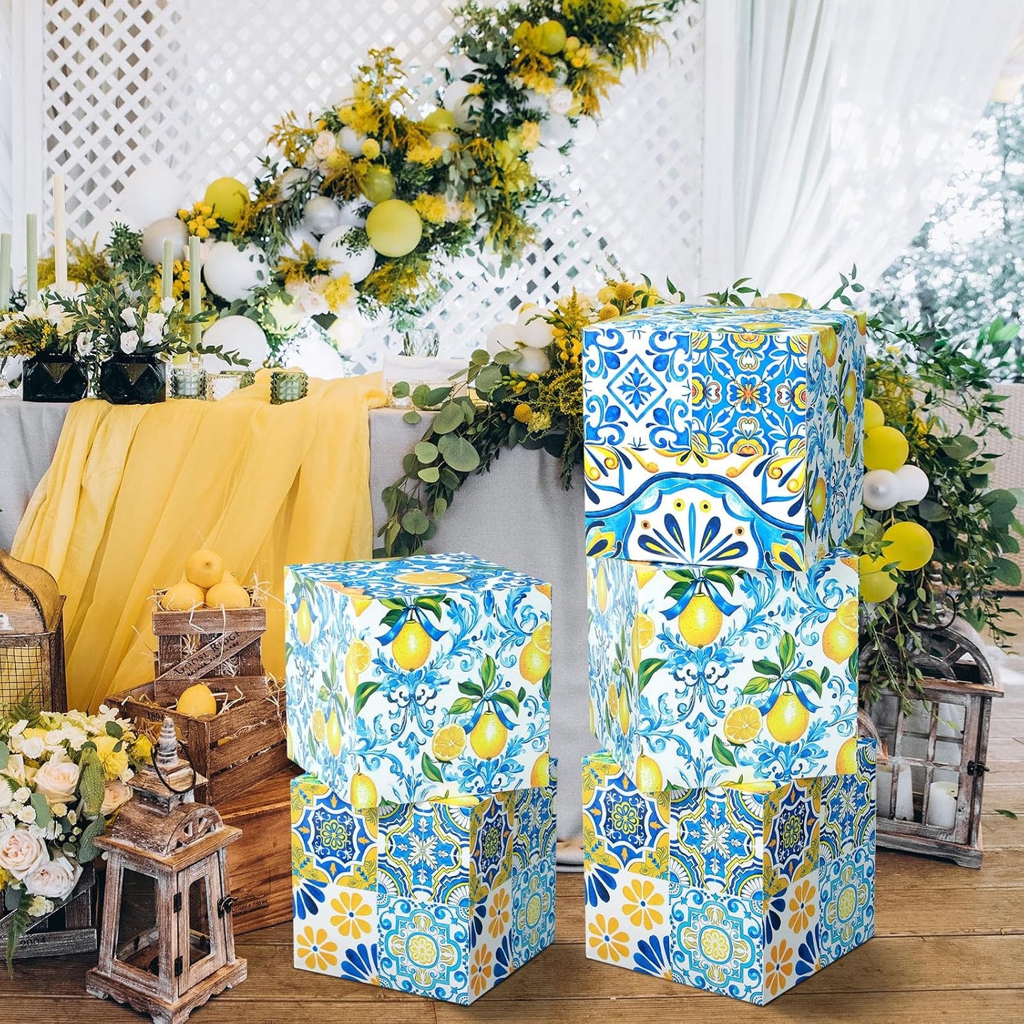 6 Pcs Large Capri Lemon Party Decorations Boxes, 12 Inch Amalfi Coast Cardboard Box Party Decor for Birthday Wedding