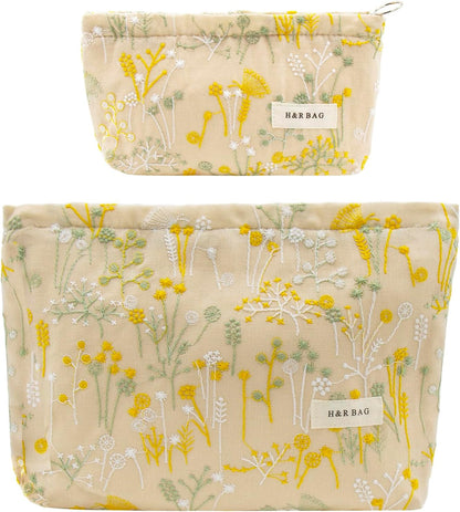 2 Pcs Makeup Bags, Large Cosmetic Bag Travel Toiletry Bag | Makeup Organizer for Women, Embroidery Craft, Floral Makeup Bag Small Cosmetic Pouch Purse with Zipper Gifts for Girls Teen