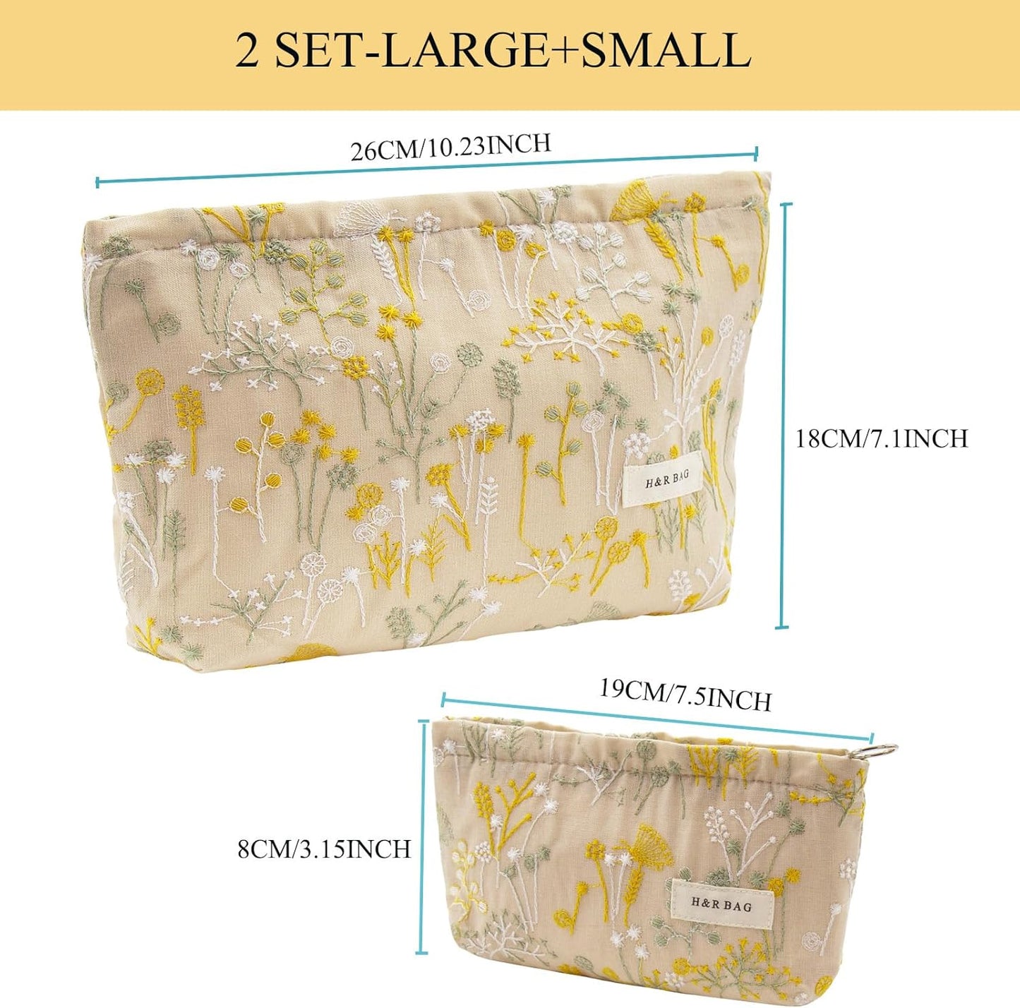 2 Pcs Makeup Bags, Large Cosmetic Bag Travel Toiletry Bag | Makeup Organizer for Women, Embroidery Craft, Floral Makeup Bag Small Cosmetic Pouch Purse with Zipper Gifts for Girls Teen