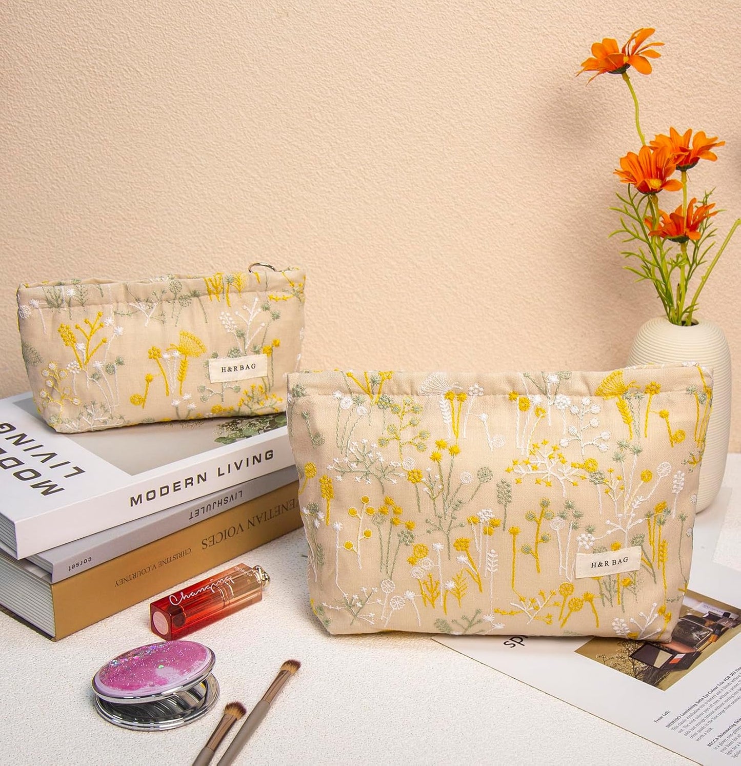 2 Pcs Makeup Bags, Large Cosmetic Bag Travel Toiletry Bag | Makeup Organizer for Women, Embroidery Craft, Floral Makeup Bag Small Cosmetic Pouch Purse with Zipper Gifts for Girls Teen