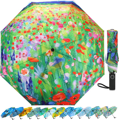 Van Gogh Folding Umbrella, Travel Umbrella with Starry Night Design, Auto Open & Close - Portable Compact Umbrella - Lightweight & Packable for Women & Men