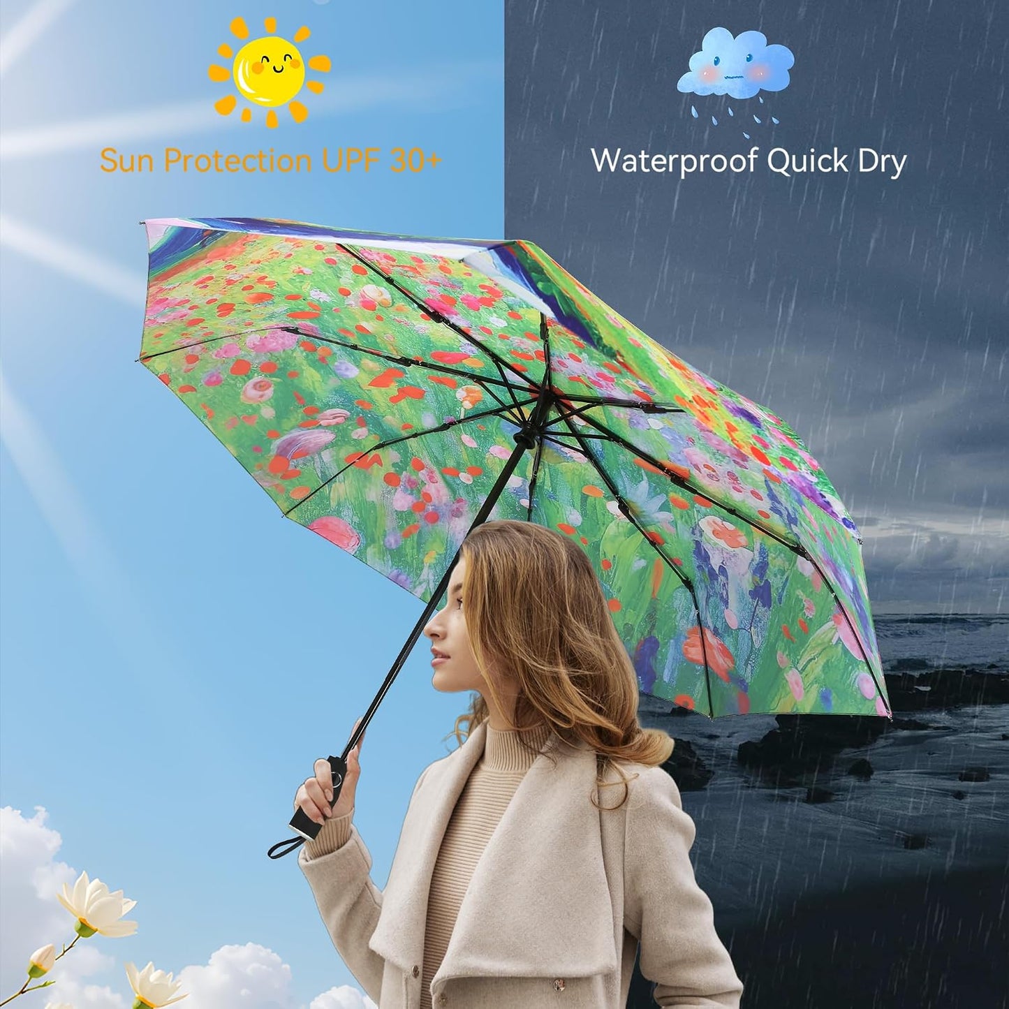 Van Gogh Folding Umbrella, Travel Umbrella with Starry Night Design, Auto Open & Close - Portable Compact Umbrella - Lightweight & Packable for Women & Men