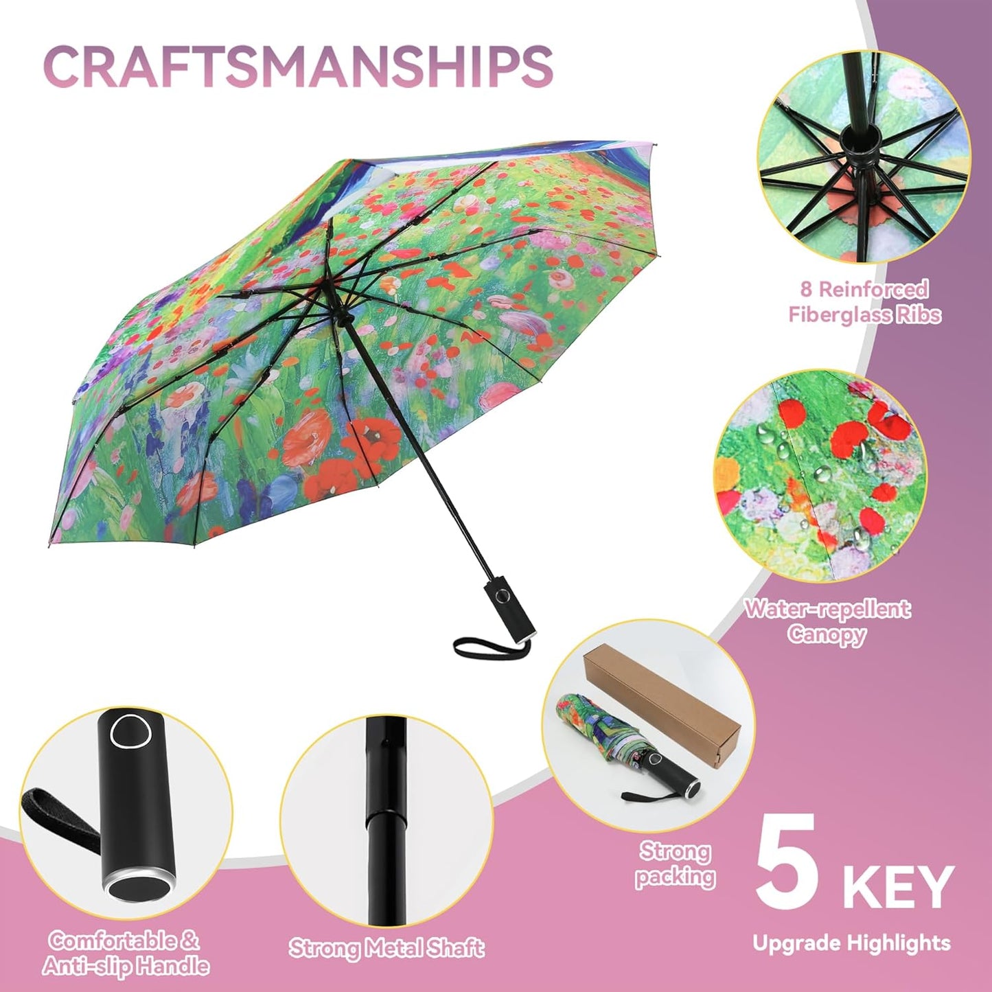 Van Gogh Folding Umbrella, Travel Umbrella with Starry Night Design, Auto Open & Close - Portable Compact Umbrella - Lightweight & Packable for Women & Men
