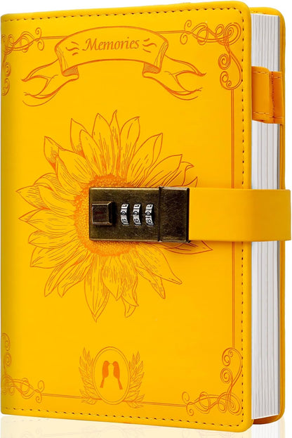 Lock Diary for Women Vintage Lock Journal Refillable Personal Locking Diary Girls Leather Locked Journal Writing Notebook B6 Secret Journal with Combination Passwords 5.5 x 7.8 in, Sunflower Yellow